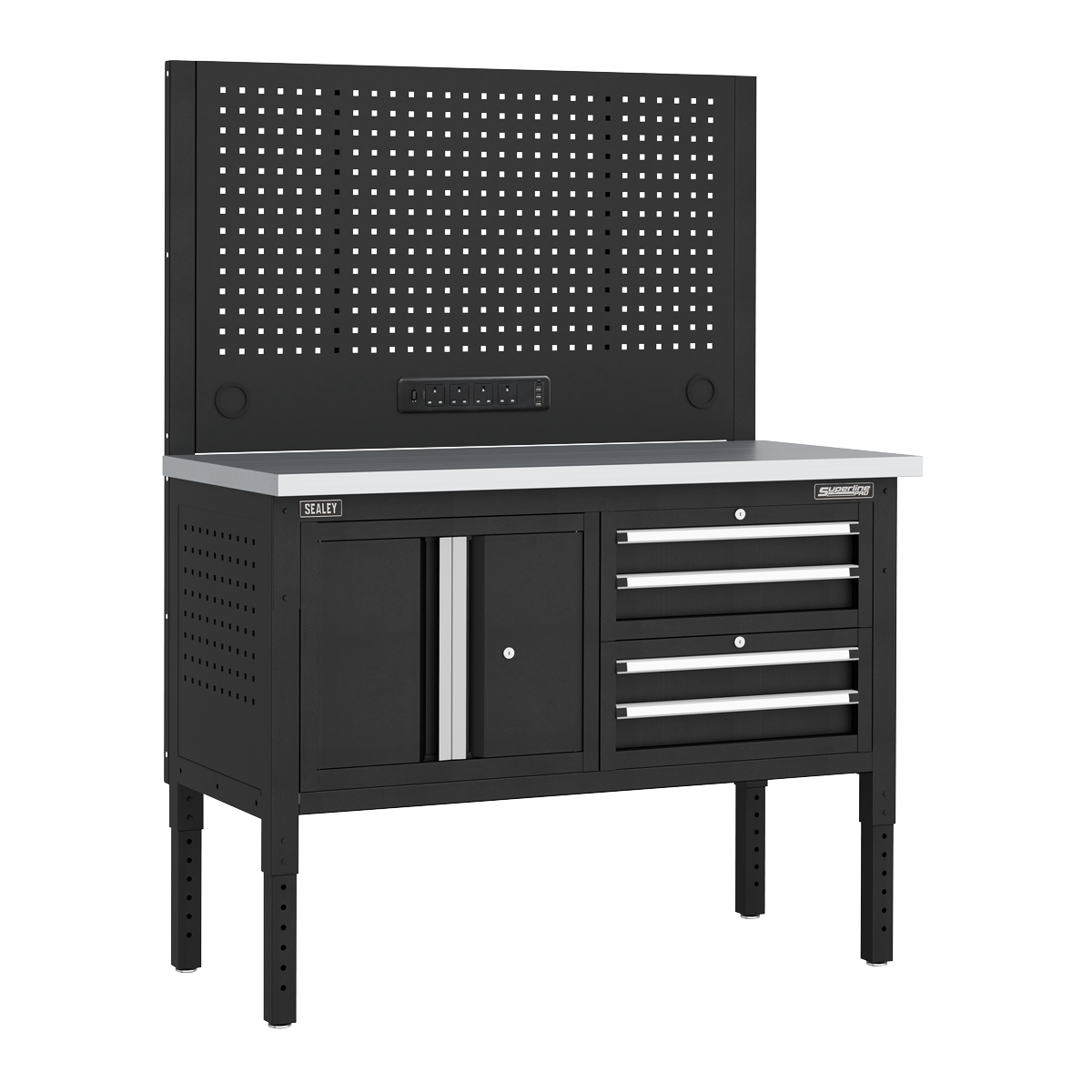 Superline PRO® Modular Workbench with 4 Drawers & Cupboard Stainless ...